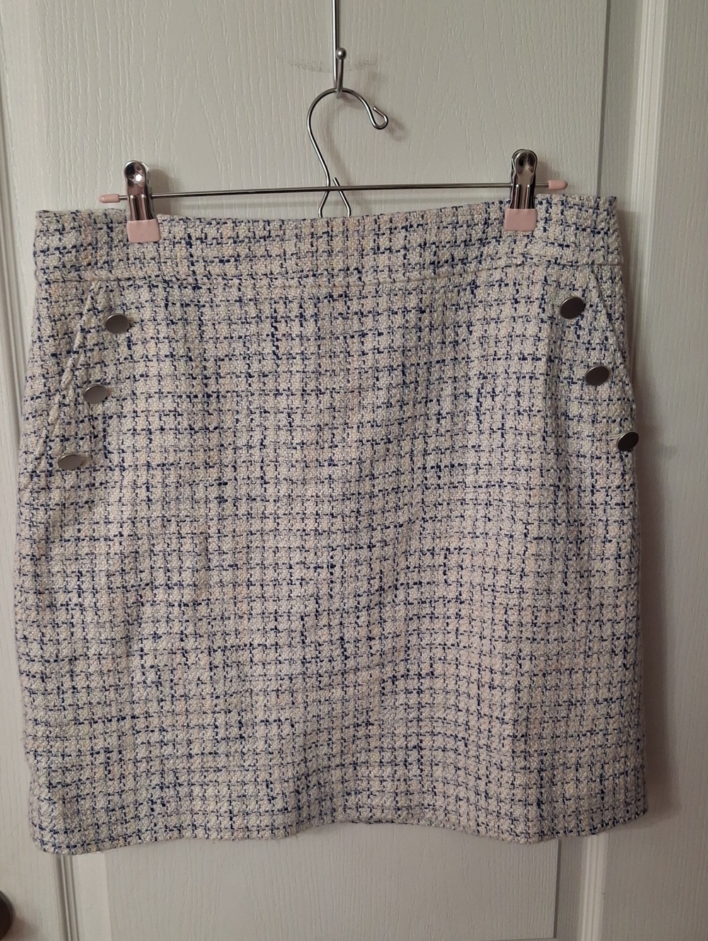J.Crew Women’s Size 14 Blue Cream Tweed Pencil Skirt Button Detail